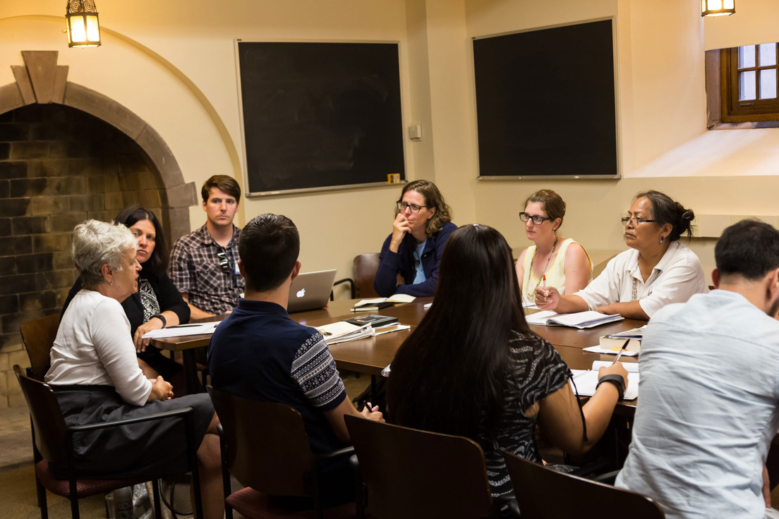 The national seminar on "Using Film in the Classroom," July 2015. (From left to right: seminar leader Brigitte Peucker; National Fellows Barbara A. Prillaman, Delaware; W. Miles Greene, Bay Area; Molly A. Myers, Chicago; Kathleen Radebaugh, Philadelphia; and Jolene R. Smith, Diné Nation.)