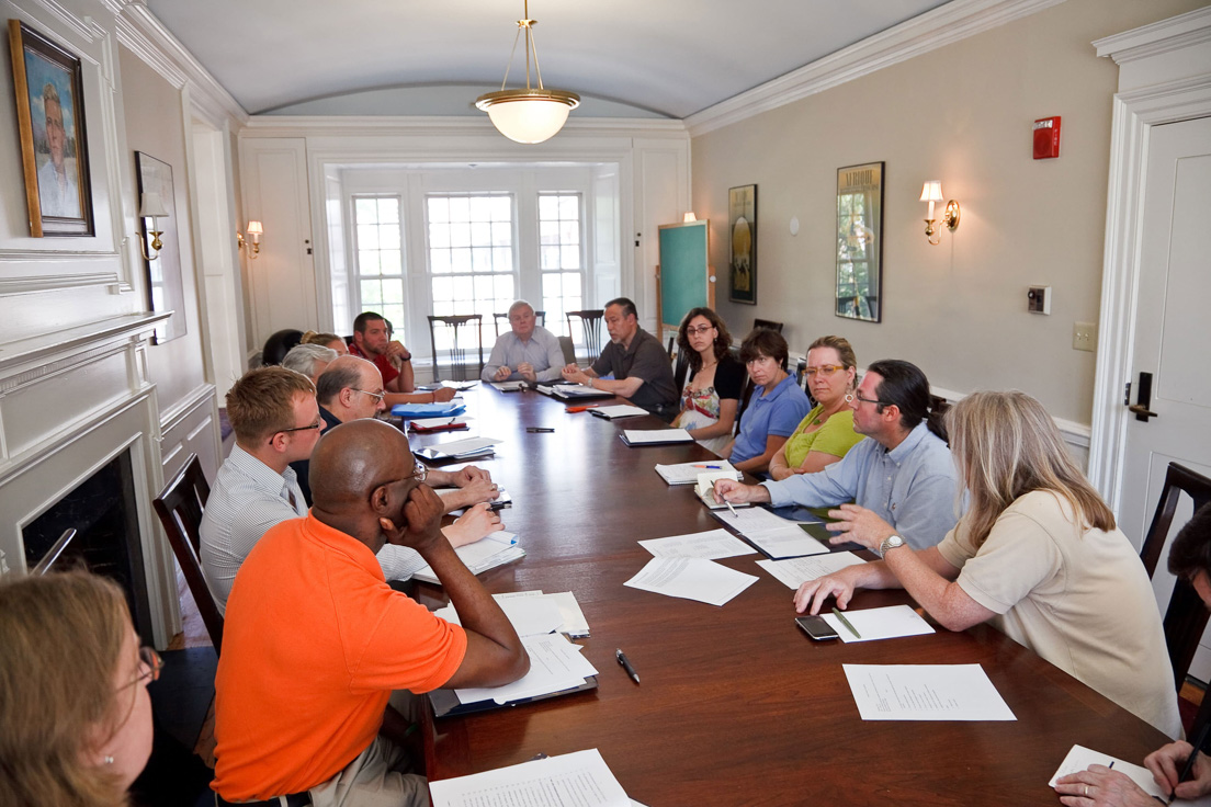 National Leadership meeting at the Intensive Session, July 2010. (Clockwise from bottom right: Connie Scercy Wood, Charlotte; Samuel A. Reed, Philadelphia; Brian Gillis, New Haven; Peter Conn, Vartan Gregorian Professor of English, University of Pennsylvania; seminar leader Paul H. Fry; director Molly Shaw, Charlotte; Jeffrey C. Joyce, Charlotte; director Helen S. Faison, Pittsburgh; James R. Vivian, director of the Yale National Initiative; director Alan J. Lee, Philadelphia; Maria Cardalliaguet G?mez-M?laga, New Haven; Karen S. Goldman, Associate Professor of Spanish and Cultural Studies, Chatham University; Ann M. Fox, Associate Professor of English, Davidson College; Eric J. Laurenson, Pittsburgh; and seminar leader W. Mark Saltzman.)