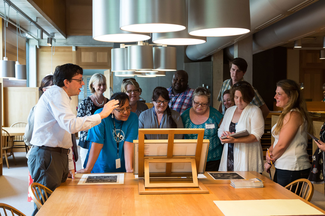 The national seminar on "Understanding History and Society through Images, 1776-1914," July 2014. (From left to right:  Seminar leader Timothy J. Barringer; National Fellows Carol P. Boynton, New Haven; Audrelia R. Dugi, Diné Nation; Margaret M. Deweese, Tulsa; Alveda Zahn, Chicago; Rodney Robinson, Richmond; Alexandra Edwards, Charlotte; Kristie Reid, Pittsburgh; W. Miles Greene, Bay Area; Meredith Ostheimer, New Castle County; and Tara Ann Carter, Philadelphia.)