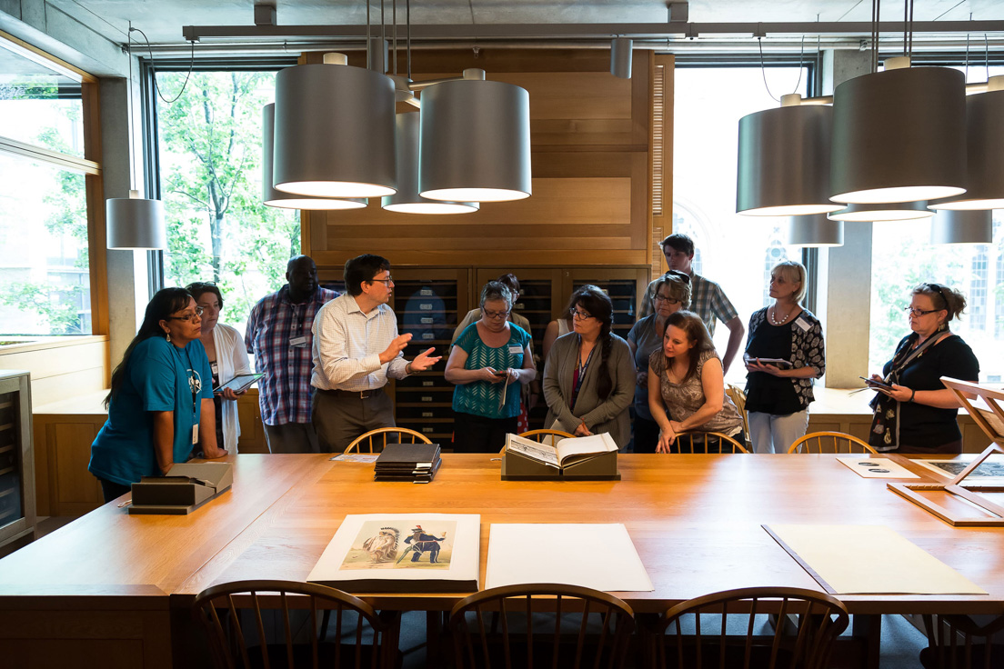 The national seminar on "Understanding History and Society through Images, 1776-1914," July 2014. (From left to right: National Fellows Audrelia R. Dugi, Diné Nation; Meredith Ostheimer, New Castle County; and Rodney Robinson, Richmond; seminar leader Timothy J. Barringer; National Fellows Alexandra Edwards, Charlotte; Alveda Zahn, Chicago; Margaret M. Deweese, Tulsa; W. Miles Greene, Bay Area; Kristie Reid, Pittsburgh; Carol P. Boynton, New Haven; and Kimberly K. Towne, Richmond.) 