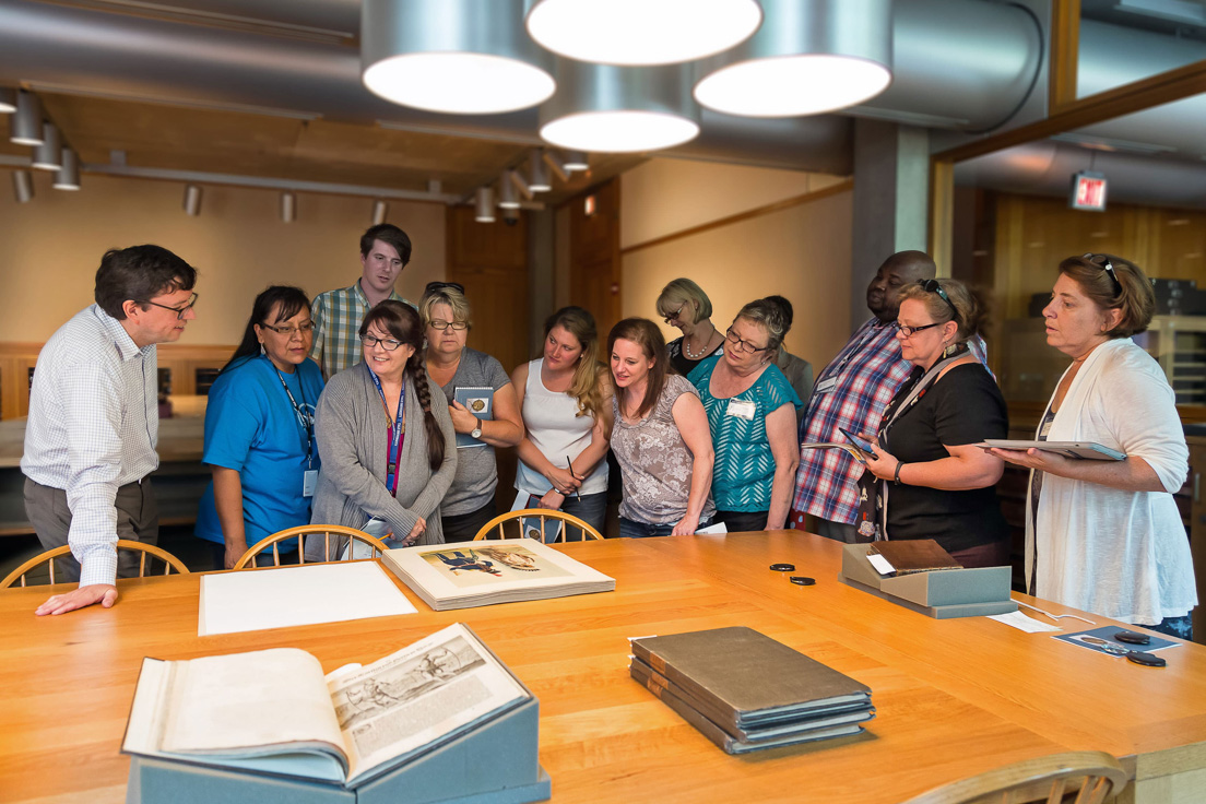 The national seminar on "Understanding History and Society through Images, 1776-1914," July 2014. (From left to right: Seminar leader Timothy J. Barringer; National Fellows Audrelia R. Dugi, Diné Nation; W. Miles Greene, Bay Area; Alveda Zahn, Chicago; Margaret M. Deweese, Tulsa; Tara Ann Carter, Philadelphia; Kristie Reid, Pittsburgh; Carol P. Boynton, New Haven; Alexandra Edwards, Charlotte; Rodney Robinson, Richmond; Kimberly K. Towne, Richmond; and Meredith Ostheimer, New Castle County.)