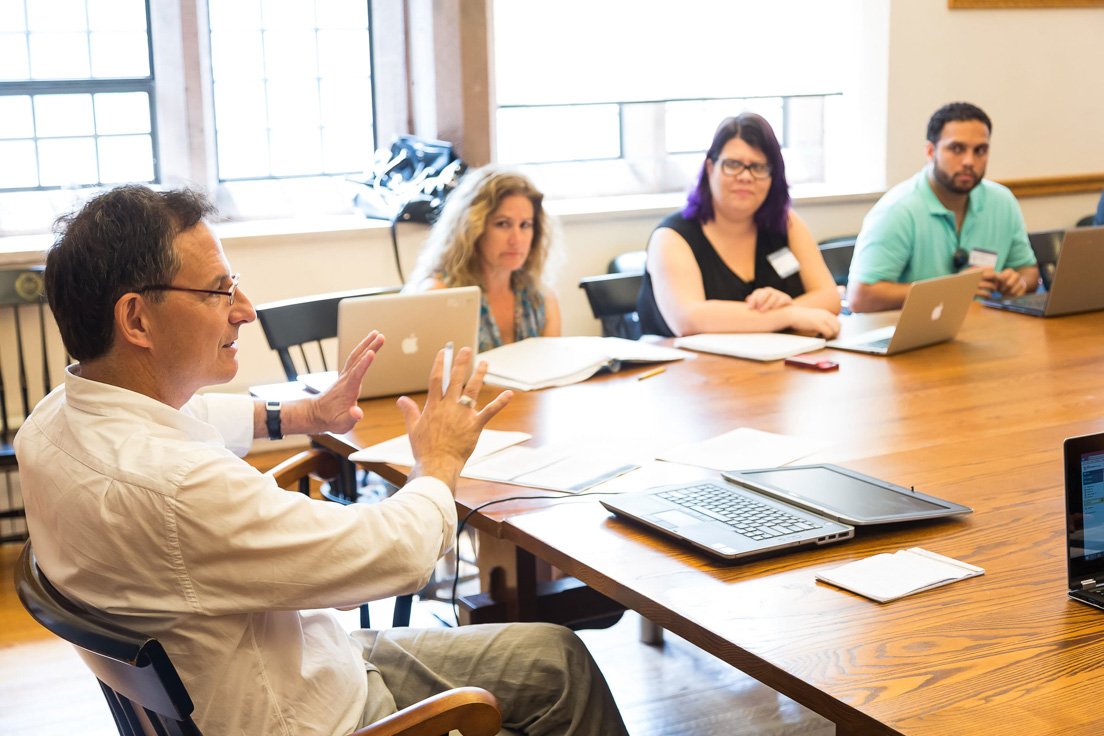 The national seminar on "Playing with Poems: Rules, Tools, and Games," July 2014. (From left to right: Seminar leader Langdon L. Hammer; National Fellows Joyce Jacobson, Bay Area; Elizabeth A. Daniell, San José; and Jean Capacetti, New Haven.)