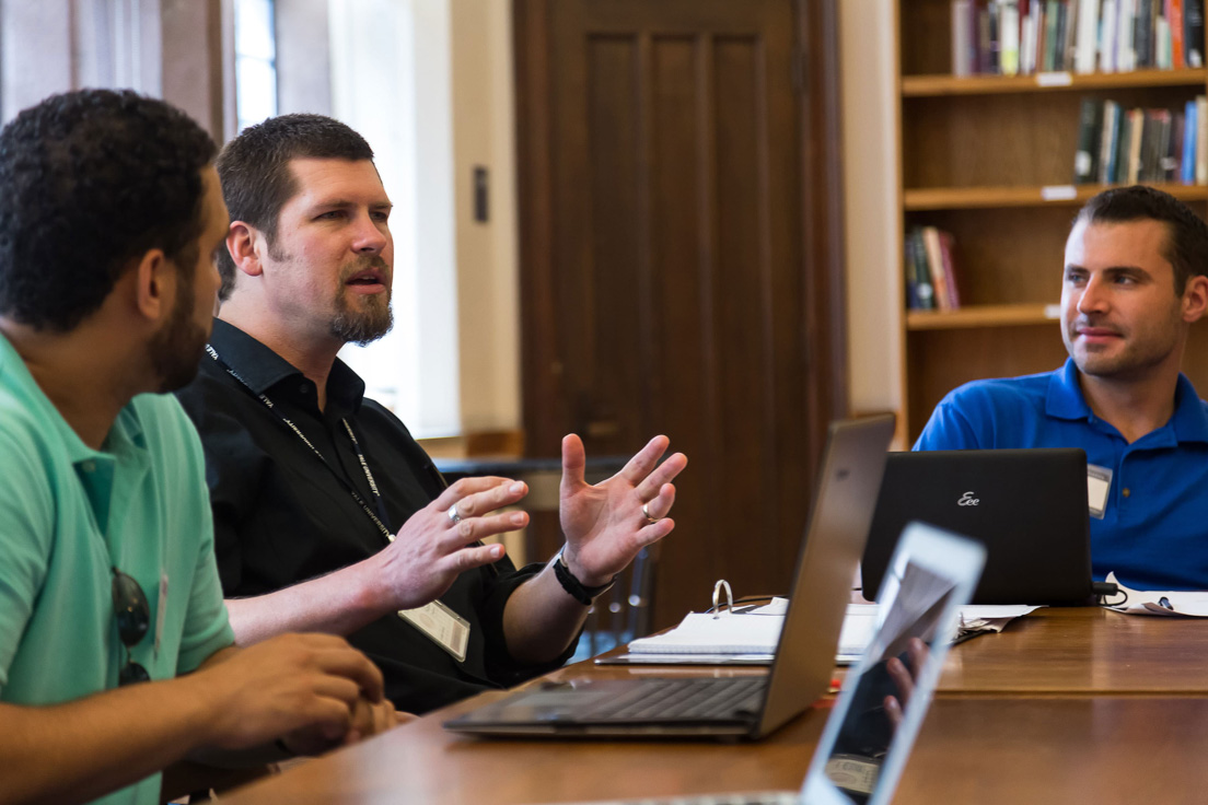 The national seminar on "Playing with Poems: Rules, Tools, and Games," July 2014. (From left to right: National Fellows Jean Capacetti, New Haven; Sydney H. Coffin, Philadelphia; and Brandon Barr, Chicago.)