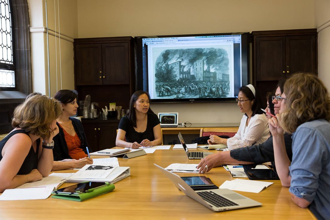 The national seminar on "Immigration and Migration and the Making of a Modern American City," July 2014. (From left to right: National Fellow Sara Stillman, Bay Area; seminar leader Mary T. Y. Lui; National Fellows Julie So, San José; Sobeyda Rivera, Richmond; and Barbara A. Prillaman, New Castle County.)