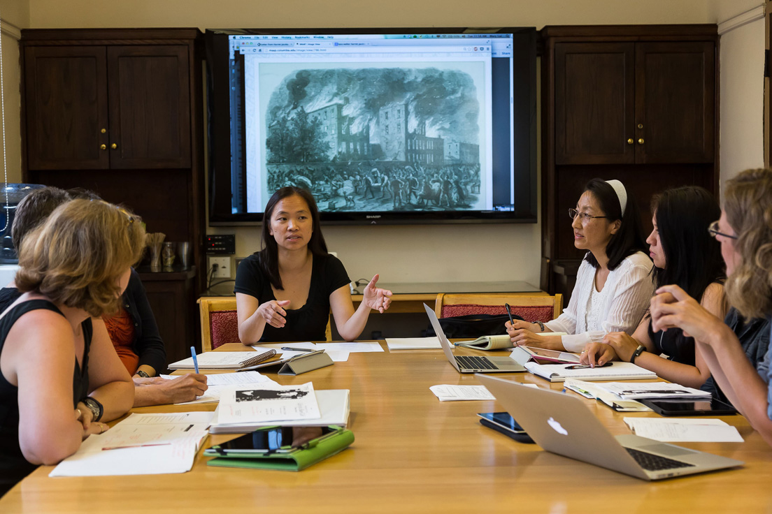 The national seminar on "Immigration and Migration and the Making of a Modern American City," July 2014. (From left to right: Seminar leader Mary T. Y. Lui; National Fellows Julie So, San José; Sobeyda Rivera, Richmond; and Molly A. Myers, Chicago.)