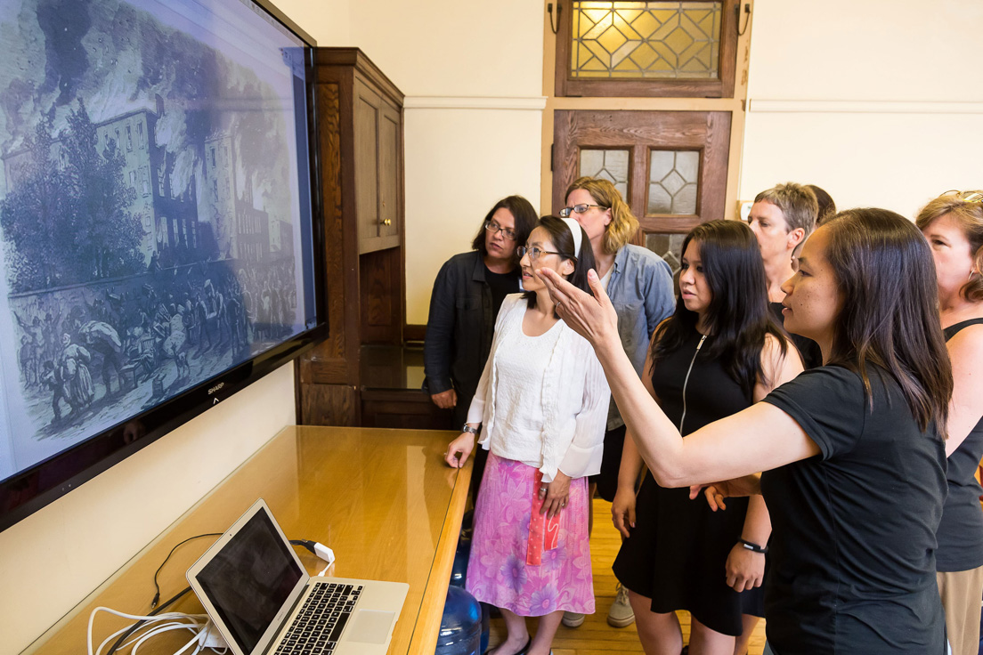 The national seminar on "Immigration and Migration and the Making of a Modern American City," July 2014. (From left to right: National Fellows Barbara A. Prillaman, New Castle County; Julie So, San José; Molly A. Myers, Chicago; Sobeyda Rivera, Richmond; Erin Breault, Pittsburgh; and seminar leader Mary T. Y. Lui; and National Fellow Krista B. Waldron, Tulsa.)