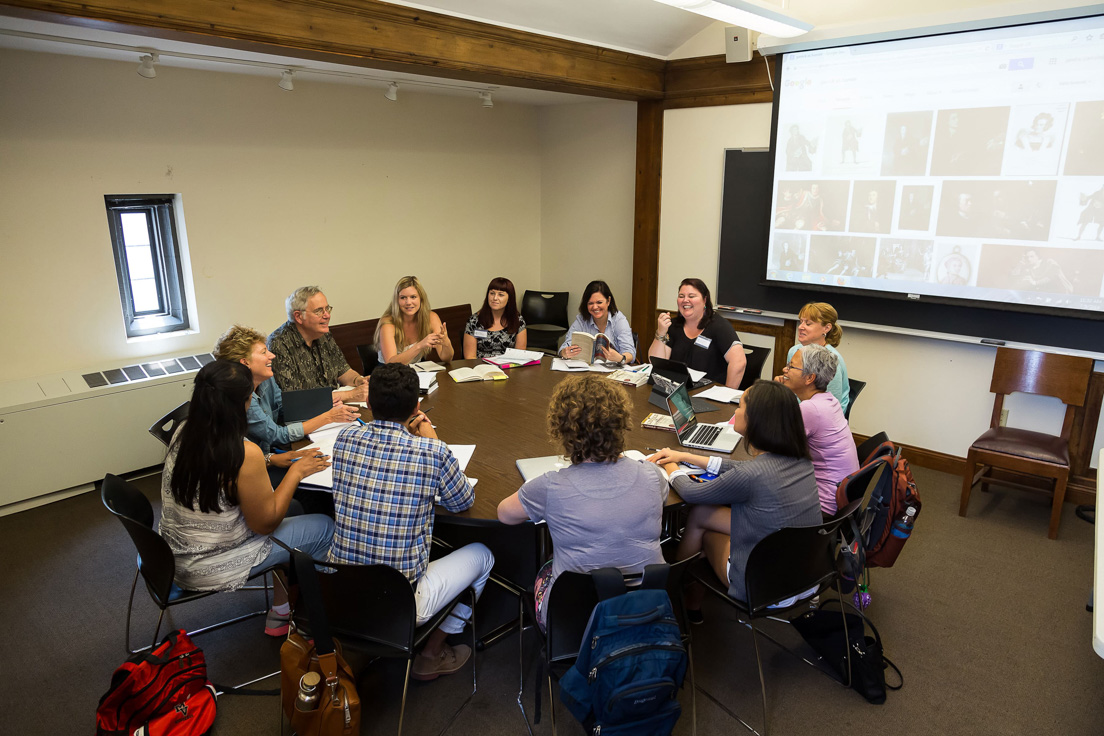 The national seminar on "Eloquence," July 2014. (Clockwise from left: National Fellow Gloria Brinkman, Charlotte; seminar leader Joseph R. Roach; National Fellows Rachel Stayton, Richmond; April Higgins, New Castle County; Jo Ann Stafford, Tulsa; Crecia L. Cipriano, New Haven; Cheree M. Charmello, Pittsburgh; Ludy Aguada, San José; and Christina Cancelli, Richmond.)