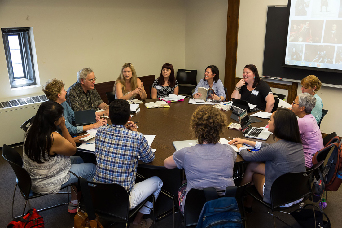 The national seminar on "Eloquence," July 2014. (Clockwise from left: National Fellow Gloria Brinkman, Charlotte; seminar leader Joseph R. Roach; National Fellows Rachel Stayton, Richmond; April Higgins, New Castle County; Jo Ann Stafford, Tulsa; Crecia L. Cipriano, New Haven; Cheree M. Charmello, Pittsburgh; Ludy Aguada, San José; and Christina Cancelli, Richmond.)