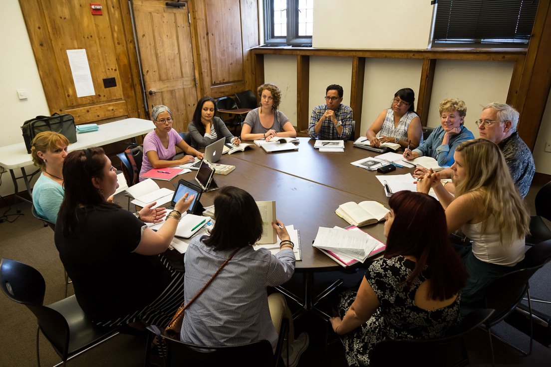 The national seminar on "Eloquence," July 2014. (Clockwise from left: National Fellows Crecia L. Cipriano, New Haven; Cheree M. Charmello, Pittsburgh; Ludy Aguada, San José; Christina Cancelli, Richmond; Sarah A. Weidmann, Chicago; Joe G. Lovato, San José; Priscilla Black, Diné Nation; Gloria Brinkman, Charlotte; seminar leader Joseph R. Roach; National Fellows Rachel Stayton, Richmond; April Higgins, New Castle County; and Jo Ann Stafford, Tulsa.)