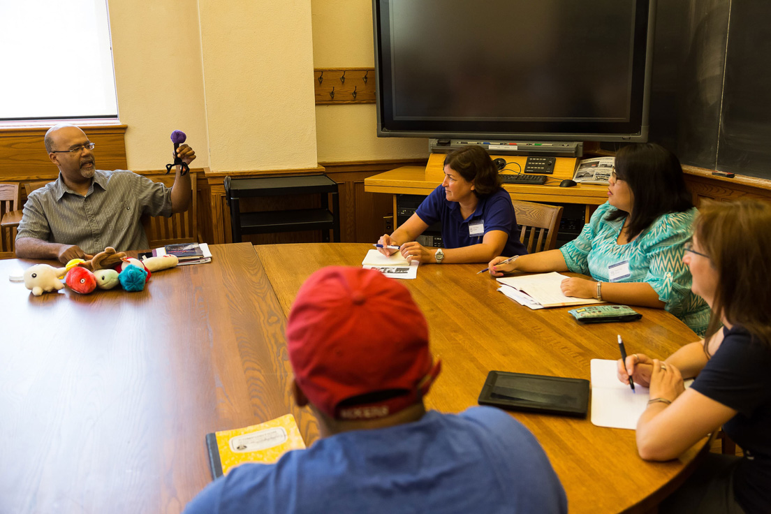 The national seminar on "Microbes Rule!" July 2014. (From left to right: Seminar leader Paul E. Turner; National Fellows Valerie J. Schwarz, Richmond; Vanessa Vitug, San José; and Arcadia A. Sloan, Tulsa.)