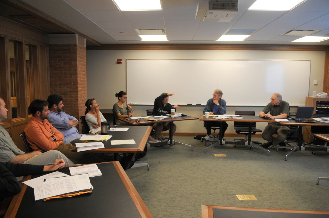 The national seminar on &quot;Bridges: The Art and Science for Community Connections,&quot; July 2008. (Left to right: Corey Cook, Assistant Professor of Politics and Thomas B?ttger, Assistant Professor of Physics, University of San Francisco; Vagel Keller, Visiting Professor of History, Carnegie Mellon University; National Fellows Joan Henderson, Santa Fe; Maria Cardalliaguet G?mez-M?laga, New Haven; Debra Blake Semmler, Charlotte; Kennan E. Girdner, Santa Fe; and seminar leader Martin D. Gehner.)