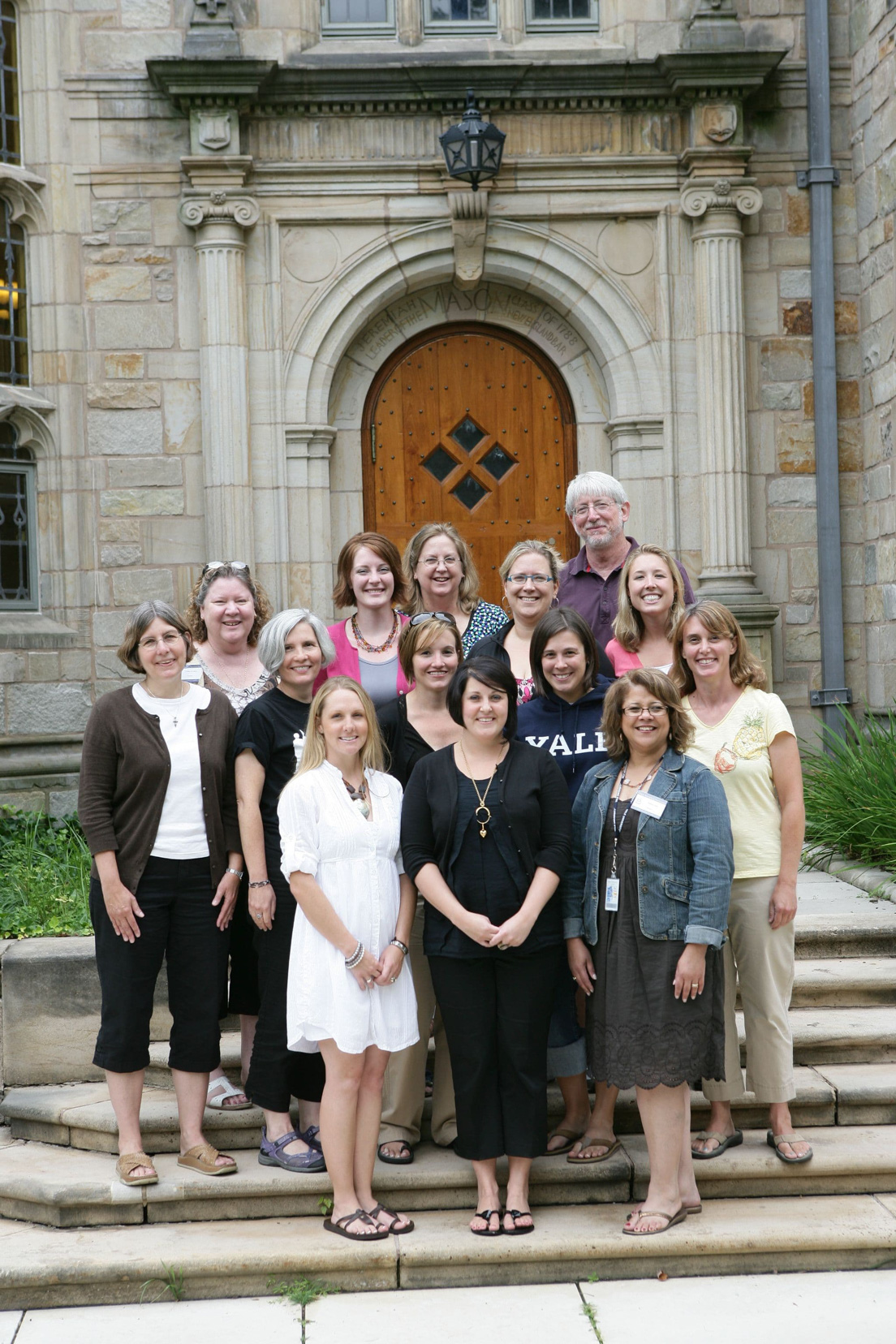 Charlotte Team at the Intensive Session, July 2009. (Front row, left to right: National Fellows Kathryn L. Kinsman, Nicole M. Schubert and Thelma Uzeta; middle row: Ruth F. Beeston, Professor of Chemistry, Davidson College; Shelley Rigger, Professor of East Asian Politics, Davidson College; National Fellows Marva R. Hutchinson and Amanda M. Stefanski; Susan Trammell, Associate Professor of Physics and Optical Science, University of North Carolina at Charlotte; back row: National Fellows Cynthia B. Woolery, Jill C. Deleeuw, Connie S. Wood; Ann M. Fox, Associate Professor of English, Davidson College; Andy R. Bobyarchick, Associate Professor of Earth Sciences, University of North Carolina at Charlotte; and Molly Shaw.)