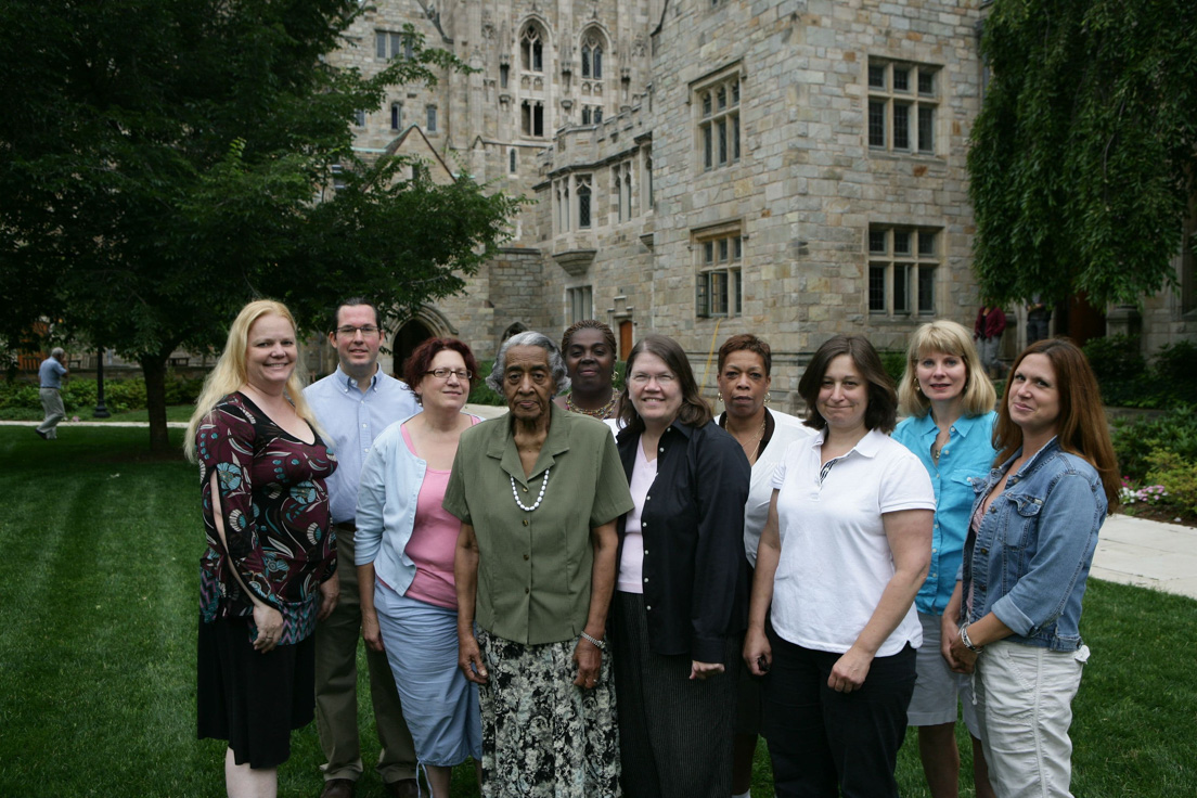 Pittsburgh Team at the Intensive Session, July 2009. (Left to right: National Fellows Vivienne F.Bartman, Eric J.  Laurenson, and Elouise E. White-Beck; Director Helen S. Faison; National Fellow Stephanie L.  Johnson; Charlotte E. Lott, Associate Professor of Economics and Management, Chatham University; National Fellow Marlene Cabiness; Karen Goldman, Associate Professor of Spanish and Cultural Studies, Chatham University; National Fellows Janelle A. Price and Cheree M. Charmello.)