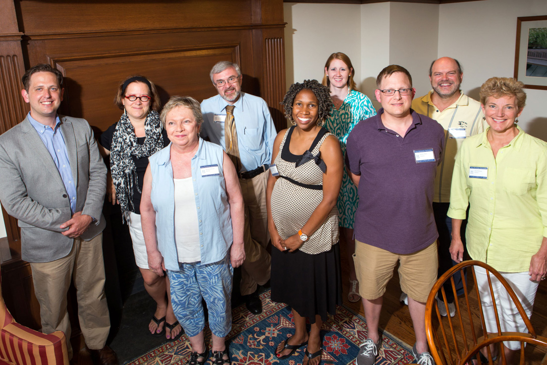 Charlotte Team at the Intensive Session, July 2013. (From left to right: Scott Gartlan, Director, Charlotte Teachers Institute; Ann M. Fox, Professor of English, Davidson College; National Fellow Alexandra Edwards; Ralf Thiede, Associate Professor of English, University of North Carolina at Charlotte; National Fellows Miesha Gadsden, Torrieann M. Dooley and Matthew C. Kelly; Durwin Striplin, Professor of Chemistry, Davidson College; and National Fellow Gloria Brinkman.)
