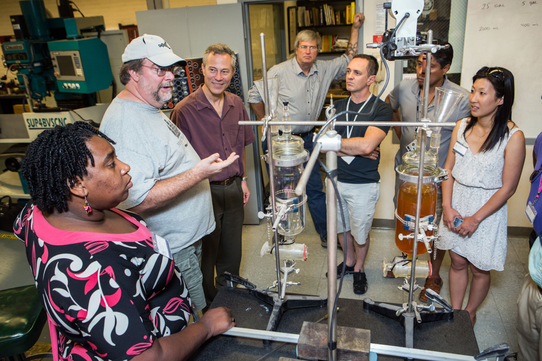 The national seminar on "Energy Sciences," July 2013. (From left to right: National Fellows Kenya Lawrence, Richmond; Robert McDowell, New Castle County; seminar leader Gary W. Brudvig; Machine Shop Instructor; National Fellows Leonardo DeAndrade, Tulsa; Luis A. Magallanes, San Mateo County; and Jinsue C. Hafalia, San Jos&#233;.)