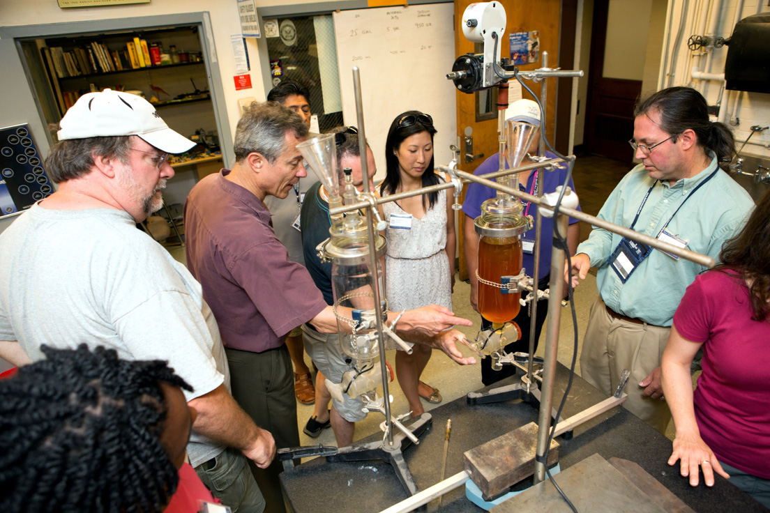 The national seminar on "Energy Sciences," July 2013. (From left to right: National Fellow Robert McDowell, New Castle County; seminar leader Gary W. Brudvig; National Fellows Luis A. Magallanes, San Mateo County; Leonardo DeAndrade, Tulsa; Jinsue C. Hafalia, San Jos&#233;; and Eric J. Laurenson, Pittsburgh.)