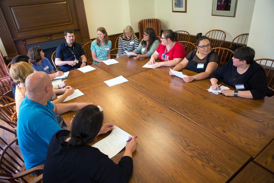 School District Representatives and National Steering Committee at the Intensive Session, July 2013. (Clockwise from bottom left: National Fellows Barbara A. Prillaman, New Castle County; Jeffry K. Weathers, San Mateo County;  Cheree M. Charmello, Pittsburgh; Sara Stillman, Emery Unified; Barbara A. Prillaman, New Castle County; Sydney H. Coffin, Philadelphia; Torrieann M. Dooley, Charlotte; Carol P. Boynton, New Haven; Marilyn J. Dempsey, Din&#233; Nation; Audra K. Bull, Tulsa; Vanessa Vitug, San Jos&#233;; and Andrea F. Kulas, Chicago.)