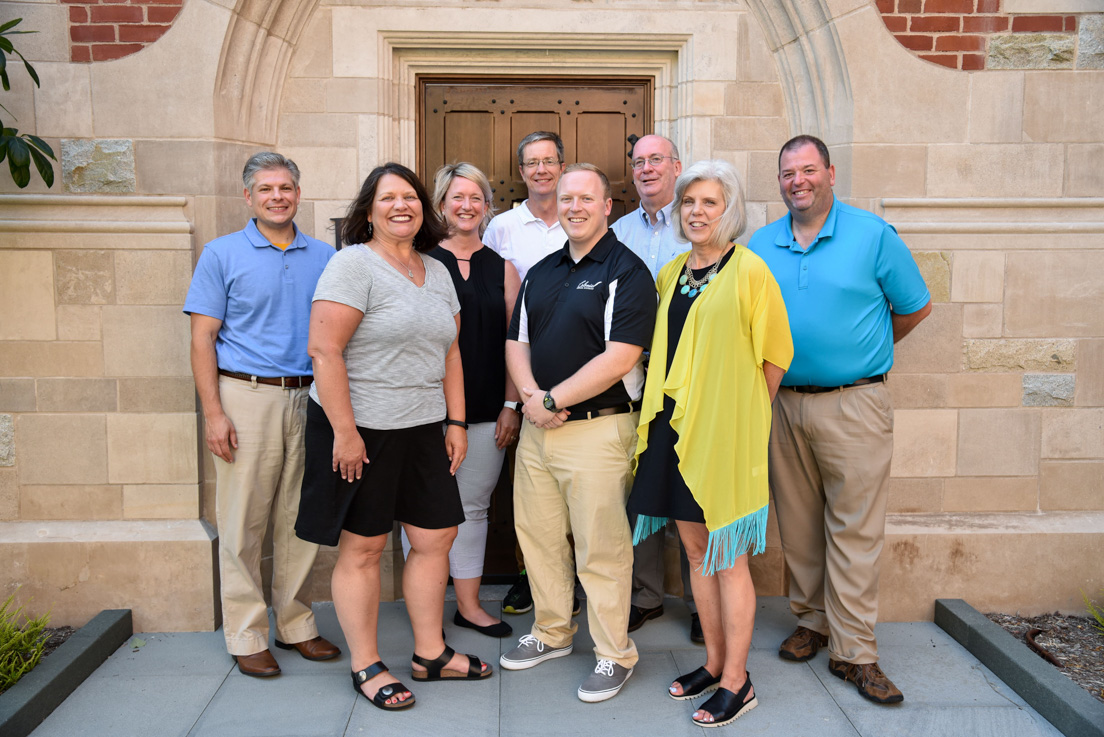 Delaware Team at the Intensive Session, July 2018. (From left to right: Joel Rosenthal, Associate Professor of  Chemistry and Biochemistry at the University of Delaware; National Fellow Barbara Prillaman; Patricia S. Hermance, Director of the Delaware Teachers Institute; David Teague, Professor of English at the University of Delaware; National Fellow Michael A. Doody; Eric W. Rise, Associate Professor of Sociology and Criminal Justice at the University of Delaware; and National Fellows Holly Bryk and Joseph Parrett.)