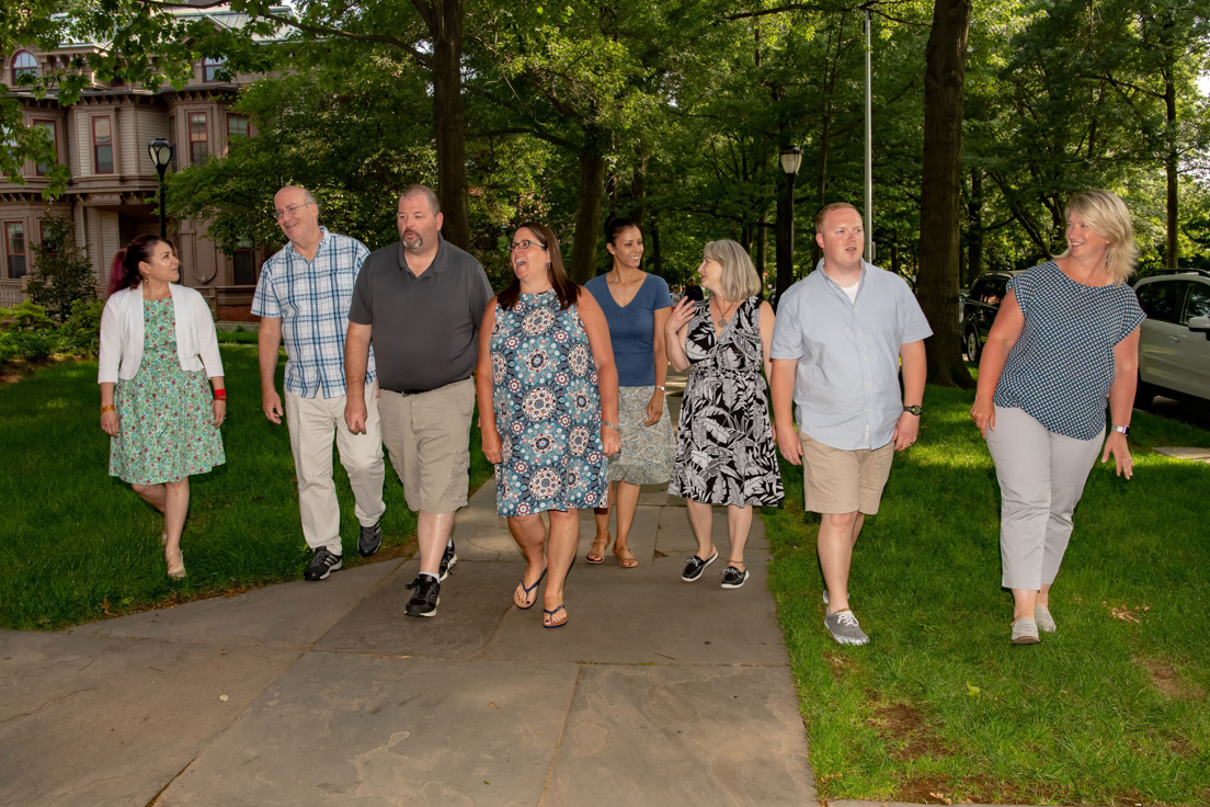 Delaware Team at the Intensive Session, July 2019. (From left to right: Carla Guerrón Montero, Professor of Anthropology, University of Delaware; Eric W. Rise, Associate Professor of Sociology and Criminal Justice, University of Delaware; National Fellows Joseph Parrett, Kathleen G. Gormley, Lynn Gallo, Jennifer L. Frasher, and Michael A. Doody; and Patricia S. Hermance, Director, Delaware Teachers Institute.)