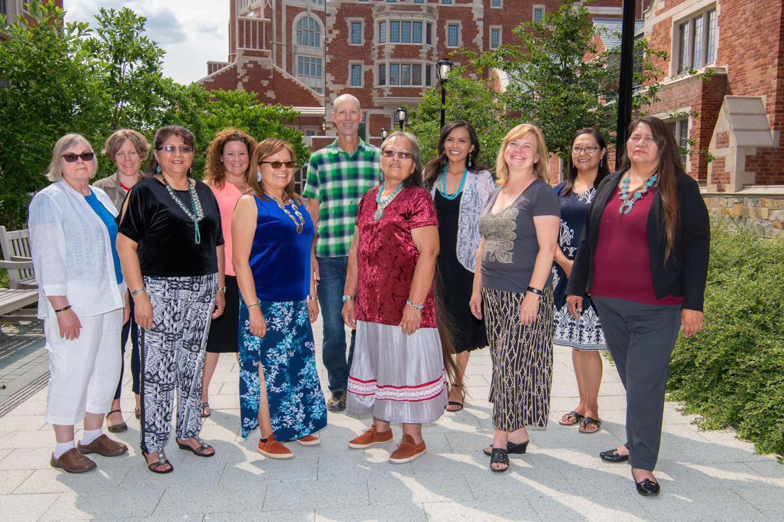 Diné Nation and Arizona Team at the Intensive Session, July 2019. (From left to right: Marianne O. Nielsen, Professor of Criminology and Criminal Justice, Northern Arizona University; Angelina E. Castagno, Director, Northern Arizona University; National Fellow Marnita A. Chischilly; Shannon M. Guerrero, Professor of Mathematics, Northern Arizona University; National Fellow Irene Jones; Brandon J. Cruickshank, Professor of Chemistry, Northern Arizona University; National Fellows Jolene R. Smith and Andrea K. Thomas; Nicole Walker, Professor of English, Northern Arizona University; National Fellows Kimberly Jim and Elizabeth Isaac.)