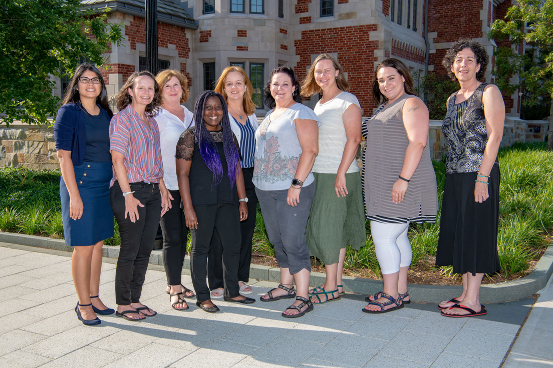 Tulsa Team at the Intensive Session, July 2019. (From left to right: Yolanda Vasquez, Associate Professor of Chemistry, Oklahoma State University; Lindsey C. Smith, Associate Professor of English, Oklahoma State University; National Fellows Krista Baxter Waldron, Akela Leach, Lianne Aubert Sanfeliz, Tina Berry, Sally Cannizzaro, Krystal Medina, and Cinde Berkowitz.)