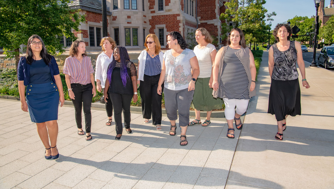 Tulsa Team at the Intensive Session, July 2019. (From left to right: Yolanda Vasquez, Associate Professor of Chemistry, Oklahoma State University; Lindsey C. Smith, Associate Professor of English, Oklahoma State University; National Fellows Krista Baxter Waldron, Akela Leach, Lianne Aubert Sanfeliz, Tina Berry, Sally Cannizzaro, Krystal Medina, and Cinde Berkowitz.)