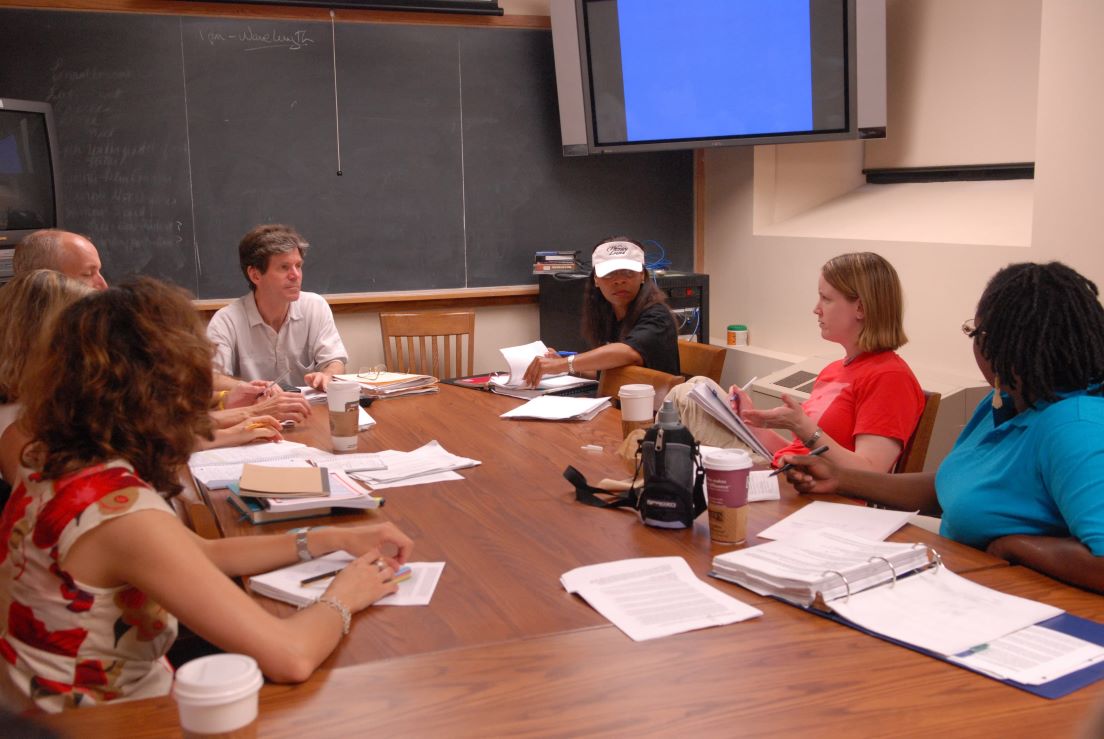 The national seminar on &quot;Stories Around the World in Film,&quot; July 2006. (Left to right: National Fellows Maria Cardalliaguet G?mez-M?laga, New Haven; Eric D. Whiteside, Charlotte; seminar leader Dudley Andrew; National Fellows Beverly Rice-Hooper, Atlanta; Erin E. Blazek Ellis, Jacksonville; and Bonnee L. Breese, Philadelphia.)