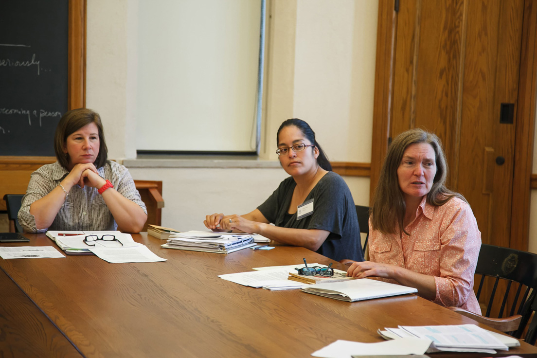 The national seminar on "Storytelling: Fictional Narratives, Imaginary People, and the Reader's Real Life," July 2012. (From left to right: National Fellows Krista Waldron and Harriet Garcia; and seminar leader Jill Campbell.)