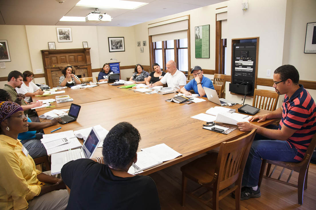 The national seminar on "Narratives of Citizenship and Race since Emancipation," July 2012. (Clockwise from left: National Fellows Tauheedah Wren, Sarah Boyd, Sydney Coffin, Karen Kennedy, Joy Beatty, Barsine Benally, Louise Krasnow, Barbara Prillaman, Jeffry Weathers, and Matthew Kelly; seminar leader Jonathan Holloway; and National Fellow Waltrina Kirkland-Mullins.