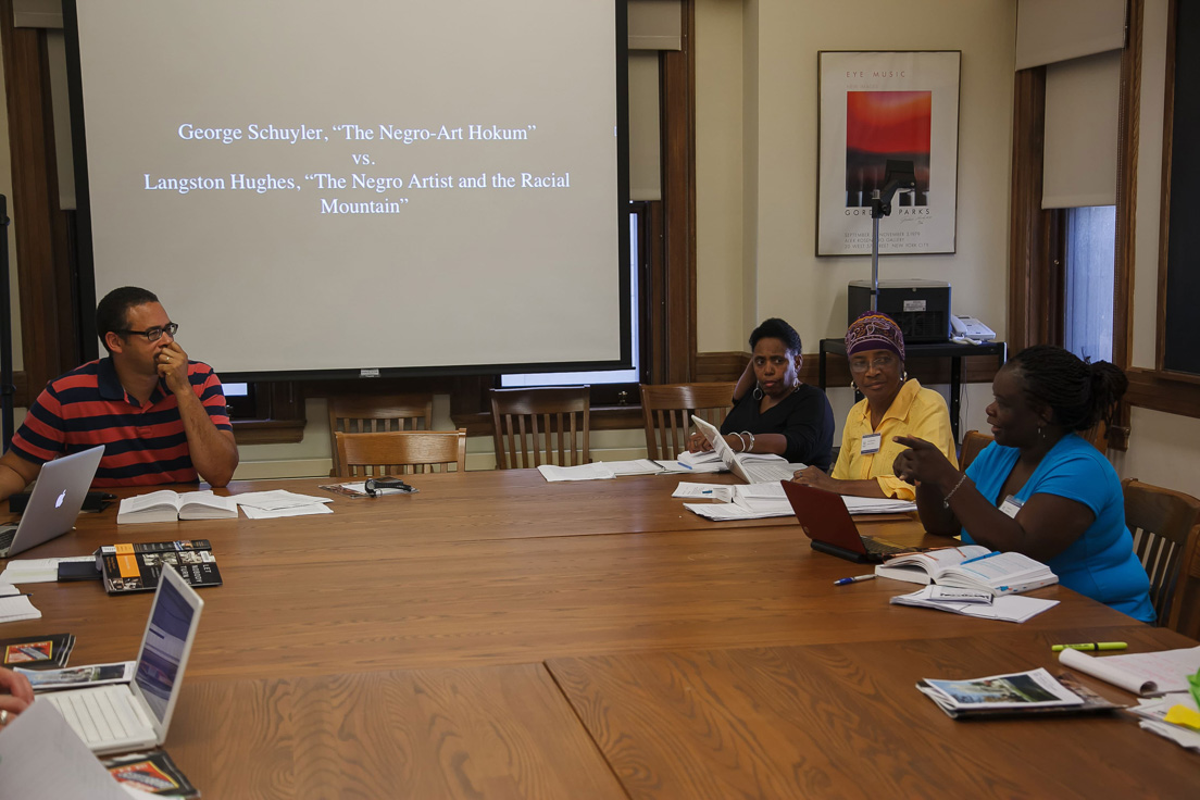 The national seminar on "Narratives of Citizenship and Race since Emancipation," July 2012. (From left to right: Seminar leader Jonathan Holloway and National Fellows Waltrina Kirkland-Mullins, Tauheedah Wren, and Sarah Boyd.)