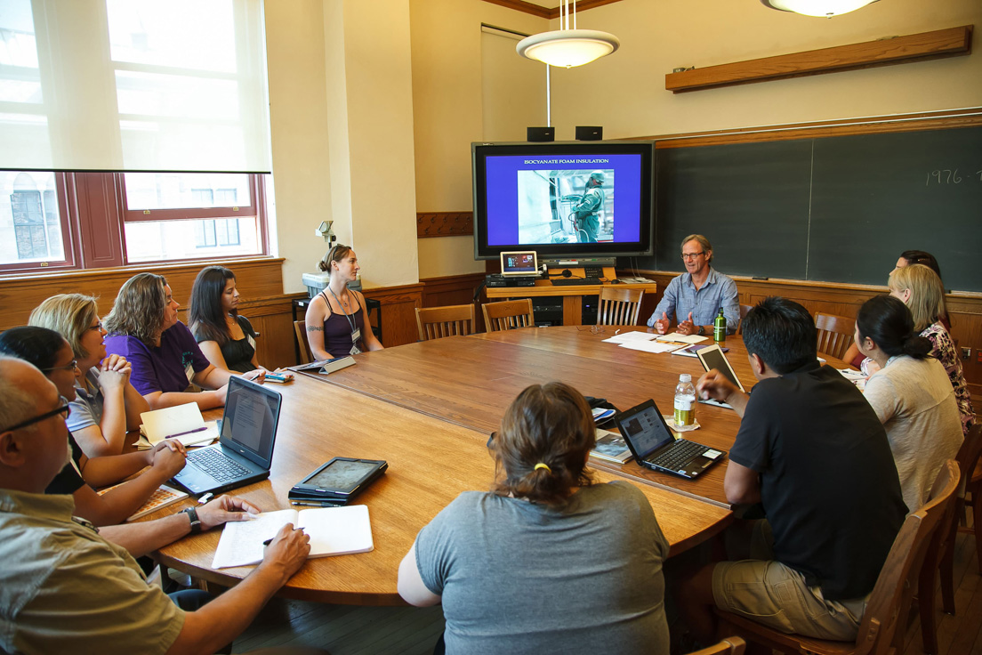 The national seminar on "Energy, Environment, and Health," July 2012. (Clockwise from left: National Fellows Brian Barrientez, Jashonai Payne, Debra Semmler, Maria Orton, Sara Stillman, and Amy Thwaite; seminar leader John P. Wargo; and National Fellows Kristy Hutton, Carol Boynton, Ann Shioji, Luis Magallanes, and Anne Agostinelli.)