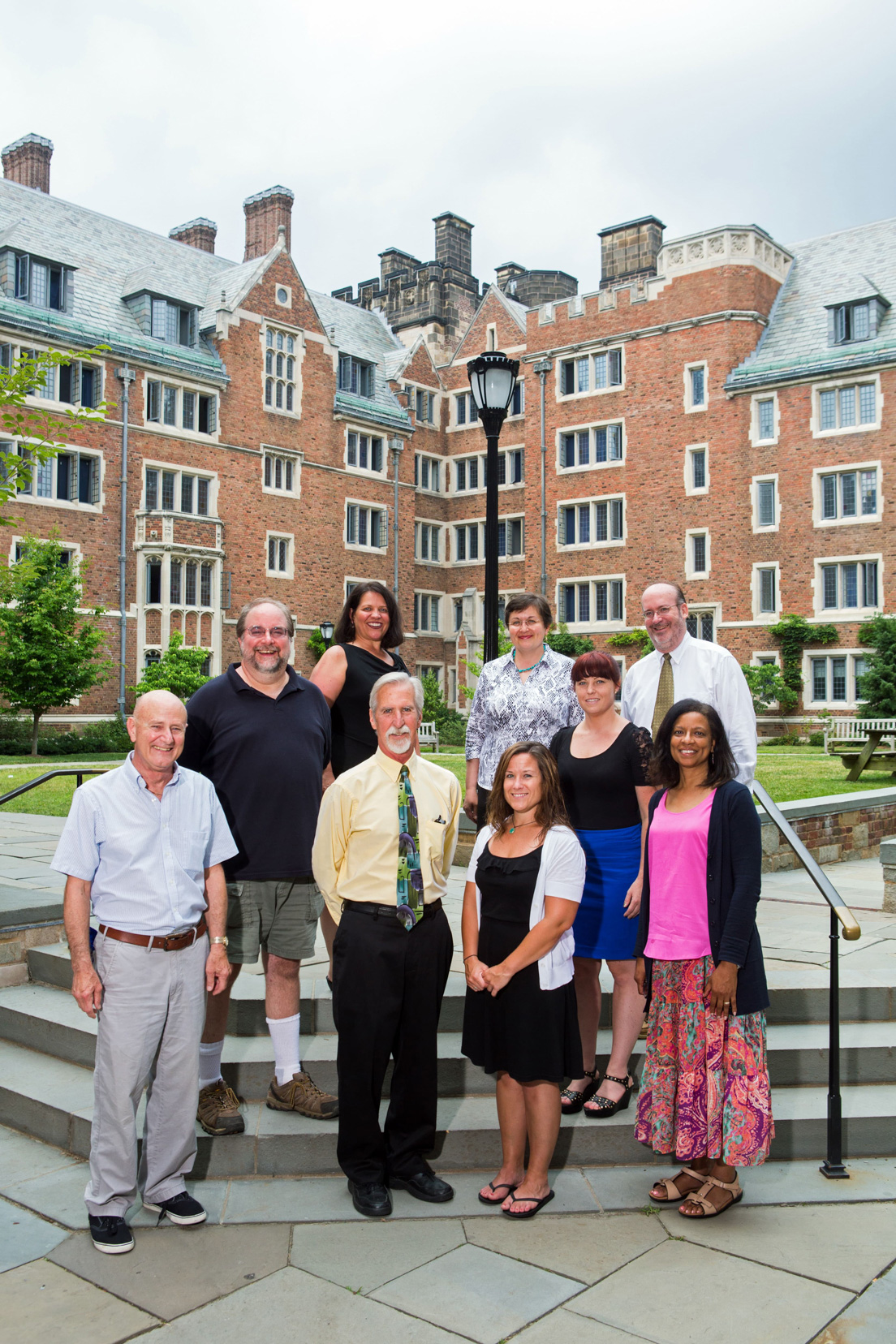 New Castle County Team at the Intensive Session, July 2013. (From left to right: Raymond F. Theilacker, Director, Delaware Teachers Institute in New Castle County; National Fellows Robert McDowell and Barbara A. Prillaman; John A. Bartley, Associate Professor of Biology, University of Delaware; Cristina Bacuta, Assistant Professor of Mathematical Sciences, University of Delaware; National Fellows Michelle Hilbeck and April Higgins; Eric W. Rise, Associate Professor of Sociology and Criminal Justice, University of Delaware; and Lynnette Y. Overby, Professor of Theatre, University of Delaware.)