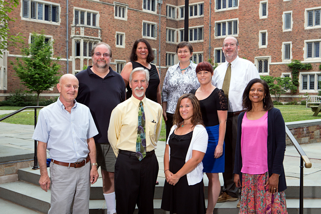 New Castle County Team at the Intensive Session, July 2013. (From left to right: Raymond F. Theilacker, Director, Delaware Teachers Institute in New Castle County; National Fellows Robert McDowell and Barbara A. Prillaman; John A. Bartley, Associate Professor of Biology, University of Delaware; Cristina Bacuta, Assistant Professor of Mathematical Sciences, University of Delaware; National Fellows Michelle Hilbeck and April Higgins; Eric W. Rise, Associate Professor of Sociology and Criminal Justice, University of Delaware; and Lynnette Y. Overby, Professor of Theatre, University of Delaware.)