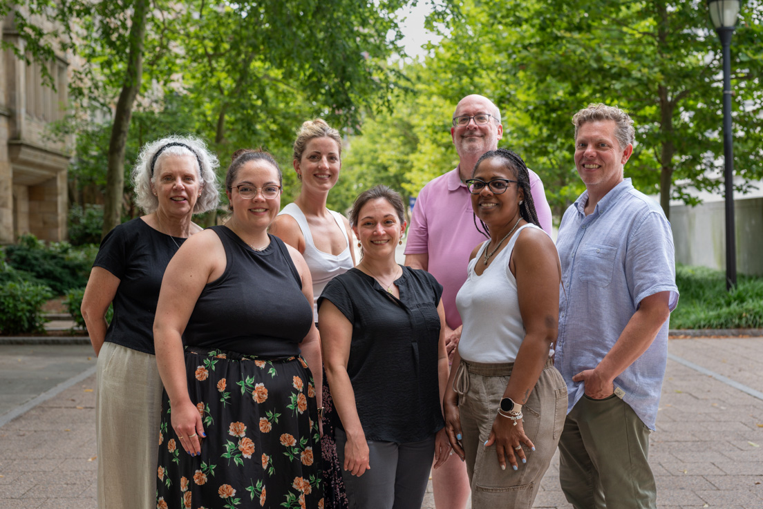 Delaware Team at the Intensive Session, July 2024. (From left to right: National Fellows Holly Bryk, Josefa Castelli, Kariann Flynn, Alyssa Lucadamo; Eric W. Rise, Associate Professor of Sociology and Criminal Justice, University of Delaware; National Fellow Yavet Respes; and Jonathan Cox, Interim Director, Delaware Teachers Institute.)