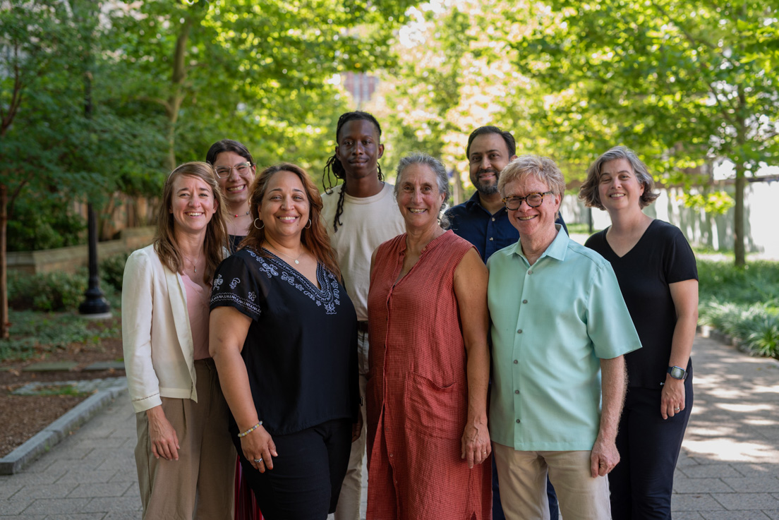 Philadelphia Team at the Intensive Session, July 2024. (From left to right: National Fellows Chloe Glynn, Danina Garcia, Alima Saffell McKnight, Tyriese Holloway, and Anna Herman; Deven M. Patel, Associate Professor of South Asia Studies and Religious Studies, University of Pennsylvania; Edward M. Epstein, Director, Teachers Institute of Philadelphia; Christina Rosan, Associate Professor of Geography and Urban Studies, Temple University.)