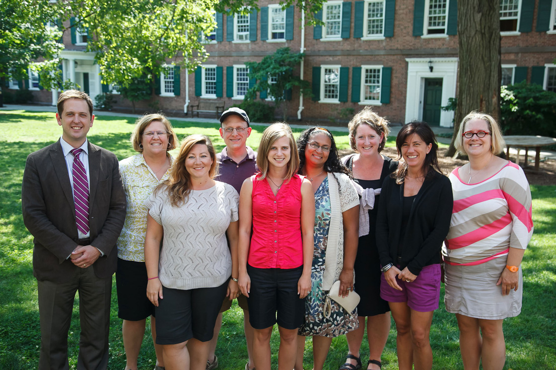 Charlotte Team at the Intensive Session, July 2012. (From left to right: Scott Gartlan, Director, Charlotte Teachers Institute; National Fellows Debra Semmler; Tiffany DiMatteo, Matthew Kelly, Nicole Fraser, and Jashonai Payne; Heather Smith, Professor of Geography and Earth Science, University of North Carolina at Charlotte; National Fellow Elizabeth Lasure; and Ann M. Fox, Professor of English, Davidson College.)