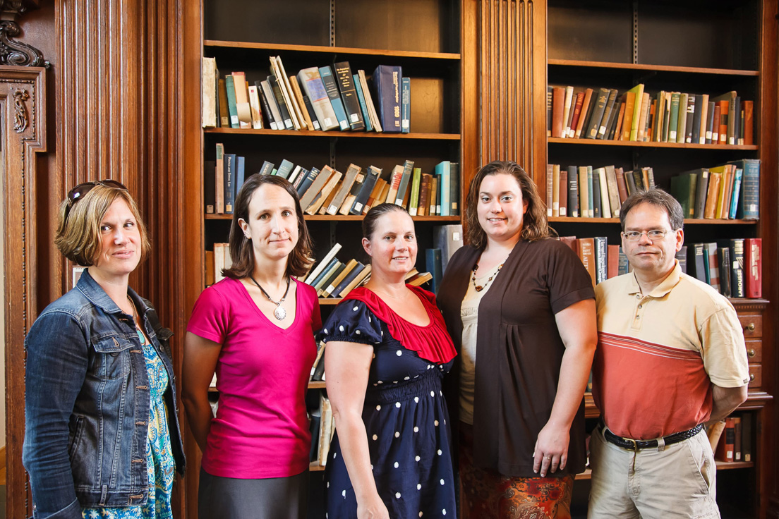 Pittsburgh Team at the Intensive Session, July 2012. (From left to right: National Fellows Cheree Charmello, Kristen Kurzawski, Sonia Henze, and Maria Orton; and James Mueller, Associate Professor of Physics and Astronomy, University of Pittsburgh.)