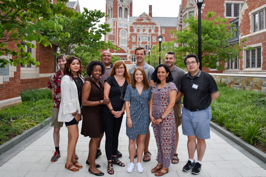 Chicago Team at the Intensive Session, July 2018. (From left to right: Peter Tingley, Associate Professor of Mathematics, Loyola University Chicago; National Fellows Stephany Jimenez and Sharon Ponder; Rodney Dale, Associate Professor of Biology; National Fellows Lea Stenson, Laura Gillihan, Aaron Bingea, Nancy V. Ibarra, and Brandon Barr; and Dali Liu, Professor of Chemistry, Loyola University Chicago.)