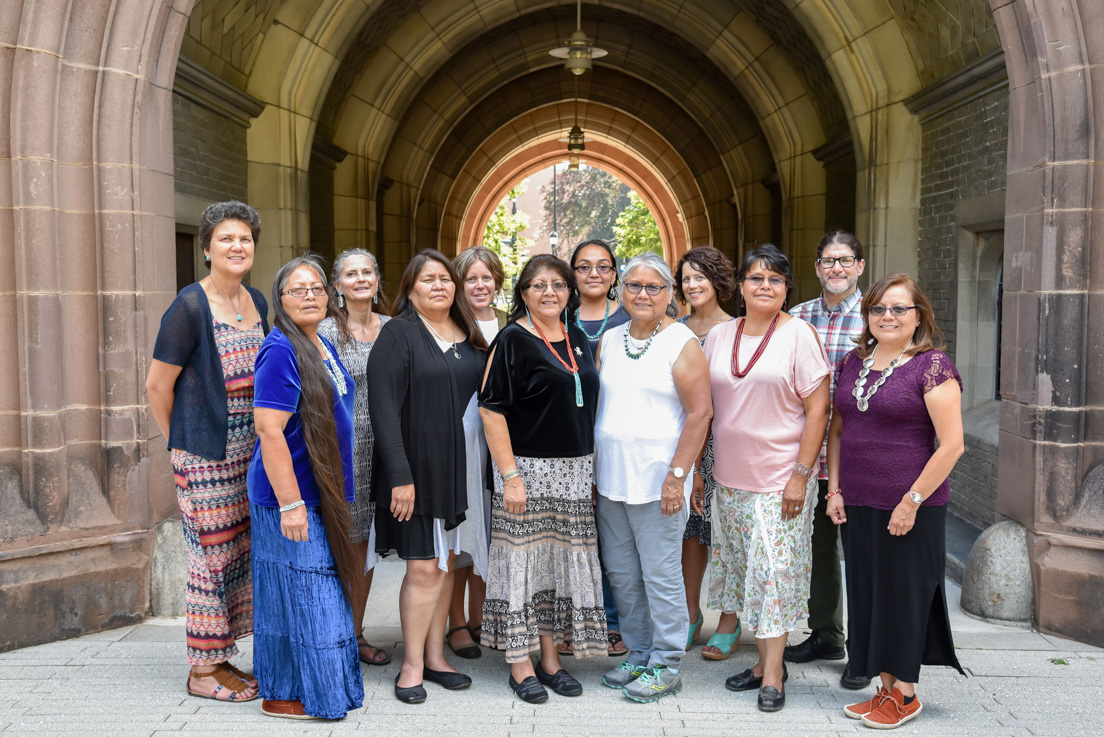 Diné Nation and Arizona Team at the Intensive Session, July 2018. (From left to right: Jani Ingram, Professor of Chemistry, Northern Arizona University; National Fellow Jolene Smith; Nicolette Teufel-Shone, Professor of Health Sciences, Northern Arizona University; National Fellow Elizabeth Isaac; Angelina E. Castagno, Planning Director, Northern Arizona University; National Fellows Ella Earl, Desiree Denny, Marnita Chischilly, Gioia Woods, Professor of Comparative Cultural Studies, Northern Arizona University, National Fellow Priscilla Black; Luis Fernandez, Professor of Criminology and Criminal Justice, Northern Arizona University; National Fellow Irene Jones.)