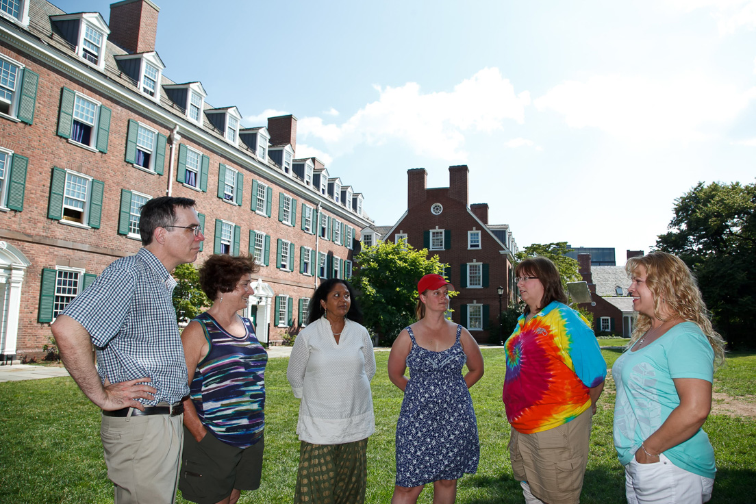 Pittsburgh and Washington Teams at the Intensive Session, July 2011.
(Left to right: David H. Waldeck, Professor of Chemistry, University of
Pittsburgh; National Fellow Sally J. Martin; Prajna Parasher, Associate
Professor of Film and Digital Technology, Chatham University; National
Fellows Sonia Henze, Marsha Liberatore, and Nancy VanKirk.)