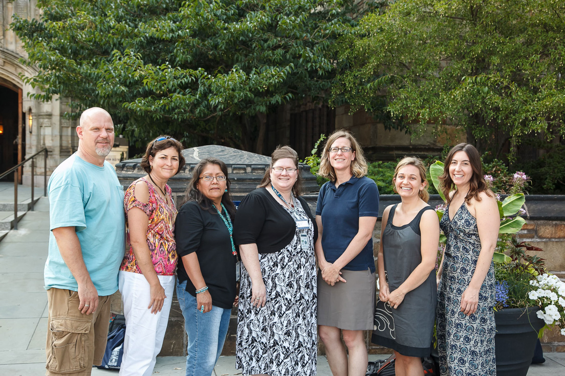 School District Representatives at the Intensive Session, July 2012. (From left to right: National Fellows Jeffry Weathers, San Mateo County; Valerie Schwarz, Richmond; Marilyn Dempsey, Din&#233; Nation; Audra Bull, Tulsa; Molly Myers, Chicago; Aimee MacSween, San Jos&#233;; and Laura Turner, Emery Unified School District.)