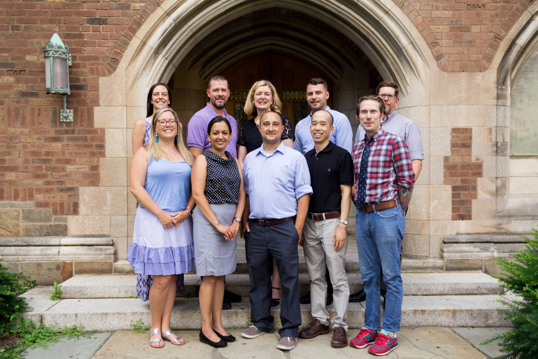 Chicago Team at the Intensive Session, July 12. (Back row: National Fellow Meghan Senjanin; Patrick Daubenmire, Associate Professor of Chemistry, Loyola University Chicago; Paula Wisotzki, Professor of Art History, Loyola University Chicago; National Fellow Brandon Barr; Dan Killelea, Associate Professor of Chemistry, Loyola University Chicago. Front row: National Fellows Alexa Freshour, Nancy Ibarra, Matthew D'Agostino, Chris Moy, and Jeffrey Rossiter.)