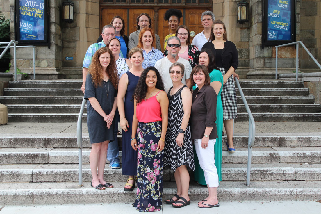 Tulsa Team at the Intensive Session, July 2017. (Top row from left to right: Elizabeth Smith, Planning Director; Todd Otanicar, Associate Professor of Mechanical Engineering, The University of Tulsa; National Fellow Robin Harris; Jacob Howland, Professor of Philosophy, The University of Tulsa. Second row from top from left to right: William Coberly, Associate Professor of Mathematics, The University of Tulsa; National Fellows Annie McGill, Lynette Shouse, Jessica R Johnson, and Marissa E. King. Third row from top from left to right: National Fellows Tara Waugh, Krista Waldron, Robert J. Sheaff, Associate Professor of Chemistry, The University of Tulsa; Kirsten Olds, Associate Professor of Art History, The University of Tulsa. Front row from left to right: National Fellows Xiomara M. Pacheco, Arcadia A. Teel, and Jo Flory.)