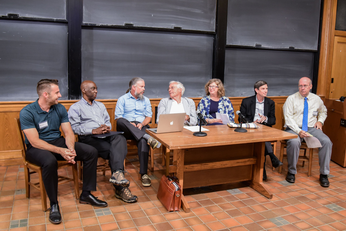 Plenary Meeting: Summing up the Teachers Institute Approach to Faculty Role, Teacher Leadership, Seminar Process, Classroom Application, Collegiality, and Institutional Partnership at the Intensive Session, July 2018. (Panelists from left to right: National Fellows Brandon Barr and Cristobal Carambo; Robert J. Sheaff, Associate Professor of Chemistry and Biochemistry, The University of Tulsa; Paul H. Fry, Professor of English, Yale University; National Fellow Krista B. Waldron; Rogers M. Smith, Associate Dean for Social Sciences, University of Pennsylvania; and Eric W. Rise, Associate Professor of Sociology and Criminal Justice, University of Delaware.)