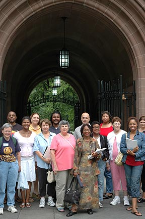 The Intensive Session, July 2005. (Left to right: National Fellows Barbara McDowell Dowdall, Philadelphia; Ralph H. Holmes, Pittsburgh; Keysiah M. Middleton, Philadelphia; Karlene Elizabeth McGowen, Houston; Mary Carol Moran, Jacksonville; Marty L. Cummings, Atlanta; Janet Ruth Purvis, Daniel Joseph Addis, Mary J. Jefferson and Monica Jones Jackson, Houston; Susan Hillary Greene, Atlanta; Rita Ann Sorrentino, Philadelphia; Ishan Zakia Malik, Atlanta; and Alexandra Reyes, New Haven.)