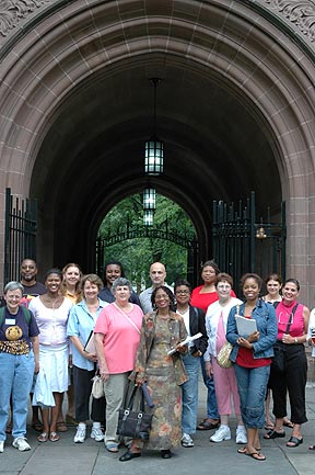 The Intensive Session, July 2005. (Left to right: National Fellows Barbara McDowell Dowdall, Philadelphia; Ralph H. Holmes, Pittsburgh; Keysiah M. Middleton, Philadelphia; Karlene Elizabeth McGowen, Houston; Mary Carol Moran, Jacksonville; Marty L. Cummings, Atlanta; Janet Ruth Purvis, Daniel Joseph Addis, Mary J. Jefferson and Monica Jones Jackson, Houston; Susan Hillary Greene, Atlanta; Rita Ann Sorrentino, Philadelphia; Ishan Zakia Malik, Atlanta; Alexandra Reyes, New Haven; and Jayme Holaway-Hicks, Jacksonville.)