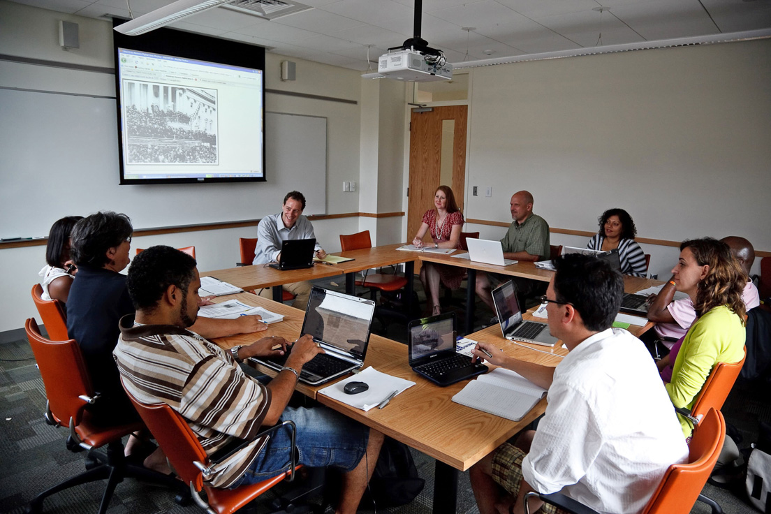 The national seminar on "Persuasion in Democratic Politics," July 2010. (Clockwise from bottom left: National Fellows David Lane Probst, Richmond; Deborah M. Fetzer, New Castle County; Aisha Collins, Chicago; seminar leader Bryan Garsten; National Fellows Torrieann M. Dooley, Charlotte; Jeffry K. Weathers, San Mateo County; Anjali Kamat, Emery Unified; Samuel A. Reed, Philadelphia; Mar?a Cardalliaguet G?mez?M?laga, New Haven; and Adam J. Kubey, Chicago.)