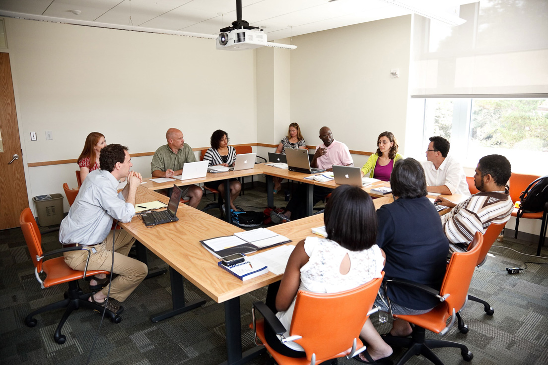 The national seminar on "Persuasion in Democratic Politics," July 2010. (Clockwise from bottom left: seminar leader Bryan Garsten; National Fellows Torrieann M. Dooley, Charlotte; Jeffry K. Weathers, San Mateo County; Anjali Kamat, Emery Unified; Sonia Henze, Pittsburgh; Samuel A. Reed, Philadelphia; Mar?a Cardalliaguet G?mez?M?laga, New Haven; Adam J. Kubey, Chicago; David Lane Probst, Richmond; Deborah M. Fetzer, New Castle County; and Aisha Collins, Chicago.)