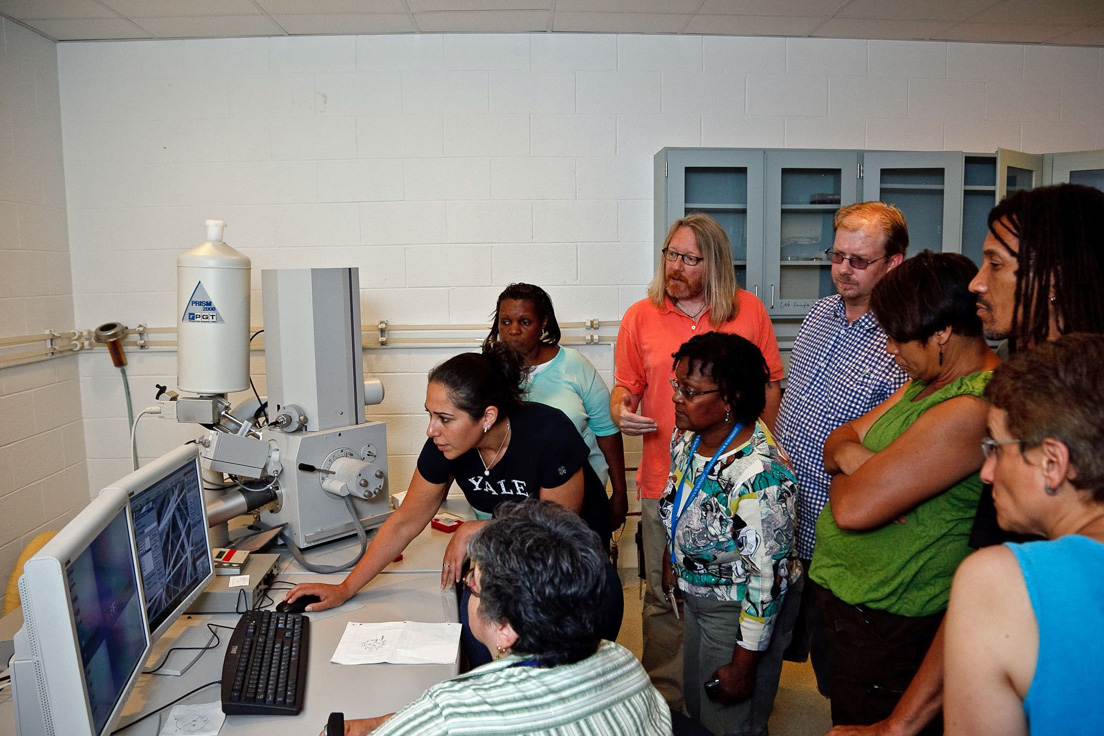 The national seminar on "Nanotechnology and Human Health," July 2010. (From left to right: research assistant, National Fellows Mary Whalen, San Mateo County; and Conchita L. Austin, Charlotte; seminar leader W. Mark Saltzman; National Fellows Doriel Moorman, New Castle County; Stephen J. Griffith and Sharon M. Mott, DeKalb County; Ram Bhagat, Richmond; and Nancy Rudolph, New Castle County.)