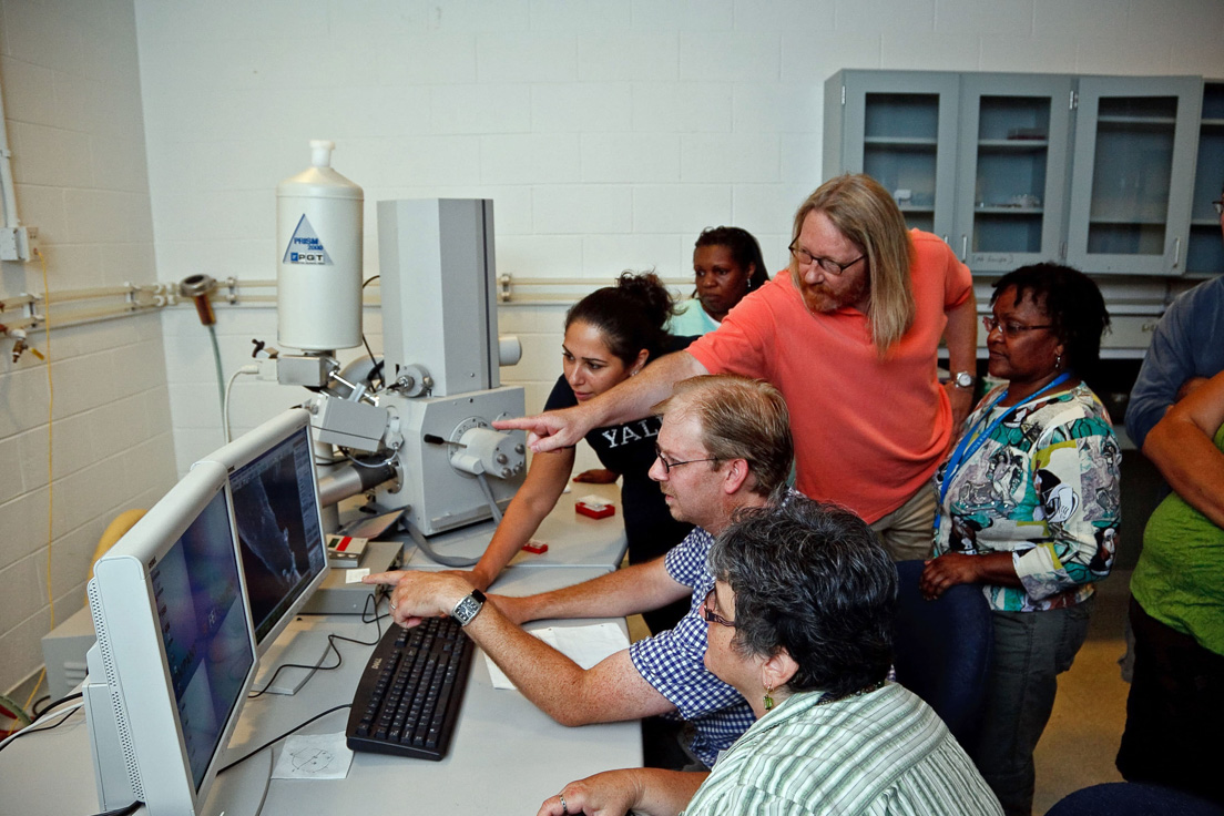 The national seminar on "Nanotechnology and Human Health," July 2010. (From left to right: research assistant, National Fellows Stephen J. Griffith, DeKalb County; Conchita L. Austin, Charlotte; and Mary Whalen, San Mateo County; seminar leader W. Mark Saltzman; and Doriel Moorman, New Castle County.)